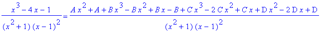 (x^3-4*x-1)/(x^2+1)/(x-1)^2 = (A*x^2+A+B*x^3-B*x^2+...